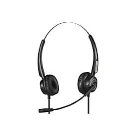Black stereo headset with padded ear cups, adjustable headband, and a flexible microphone boom, designed for USB and RJ9/11 connectivity.