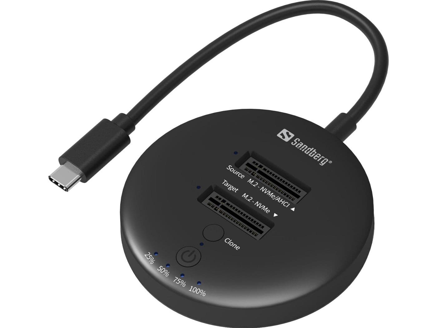 Black circular USB3.2 cloner dock with two NVMe M.2 SSD slots, a USB-C connector, and LED indicators for cloning progress.