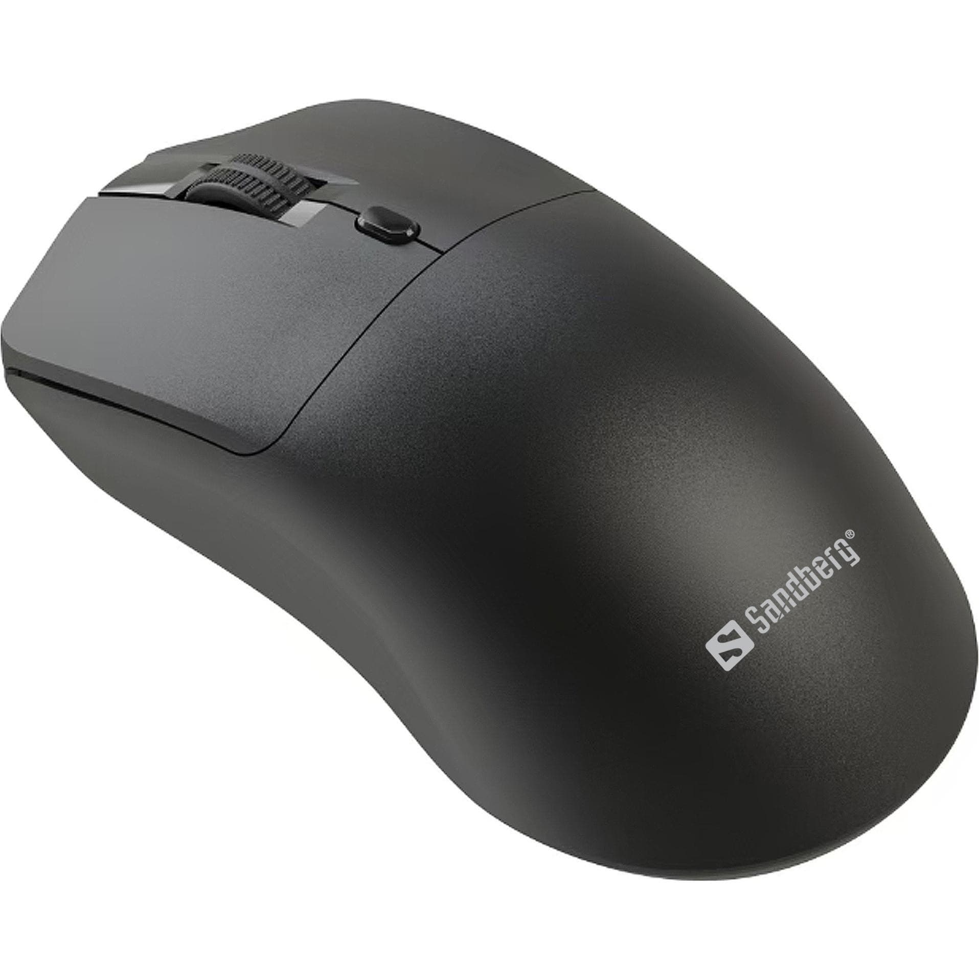 Black wireless mouse with a smooth plastic finish, featuring a scroll wheel and the Sandberg logo on the side, designed for comfortable grip and use.