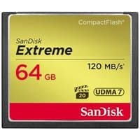 SanDisk CF Extreme 64GB CompactFlash card, gold label with red accents, 120 MB/s speed, UDMA 7 technology.