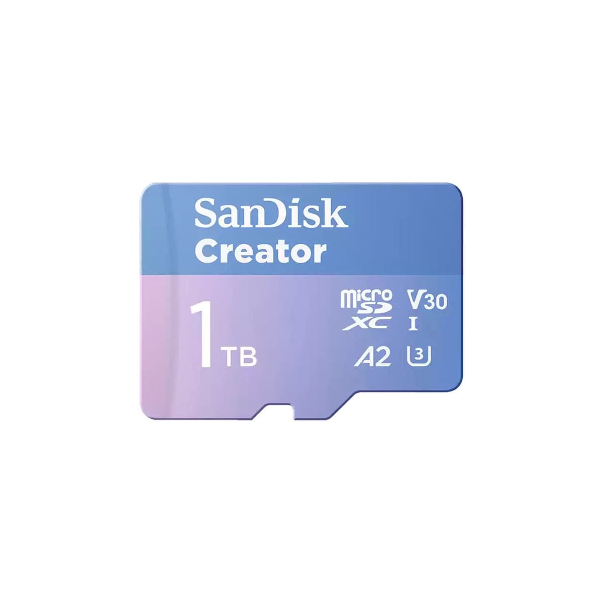 SanDisk Creator Series 1TB Micro SDXC memory card in purple and blue gradient, featuring the "Creator" logo, UHS-I, V30, A2, and L3 symbols.