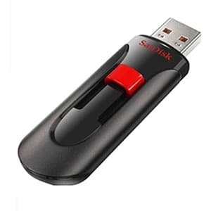 Black USB flash drive with a sliding red cap, featuring the SanDisk logo, and a capacity of 32GB, designed for easy portability and storage.