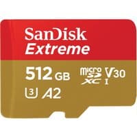 Red and gold SanDisk Extreme 512 GB MicroSDHC card with UHS-I, Class 10, V30, A2 markings.