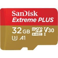 SanDisk Extreme Plus 32GB MicroSDHC card, red and gold design, UHS-I, V30, A1, with white text and symbols.