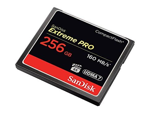 SanDisk Extreme Pro Compact Flash Card in black and red, featuring a capacity of 256GB and a speed of 160MB/s, with UDMA 7 technology and a sleek, rectangular design.
