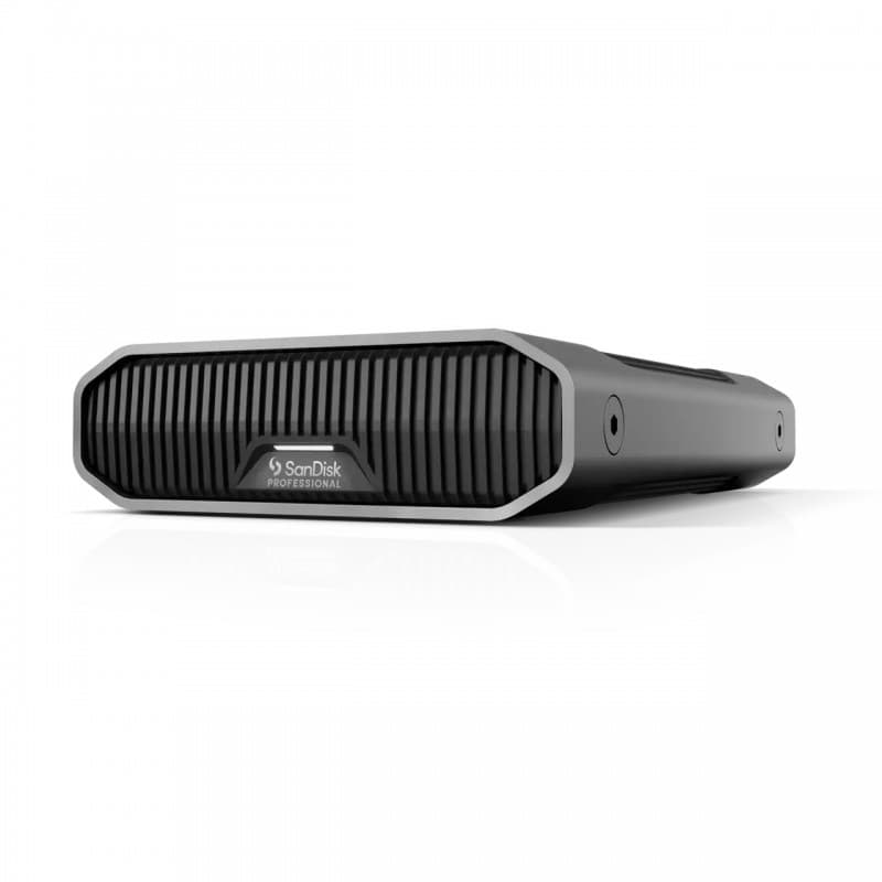 Black and silver G-Drive 6TB external hard drive with a ribbed design, featuring the SanDisk Professional logo on the front and a sleek, durable casing.
