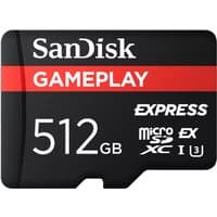 SanDisk GamePlay Express microSD card 512GB, black with red stripe, UHS-I Class 10, white text and logos.