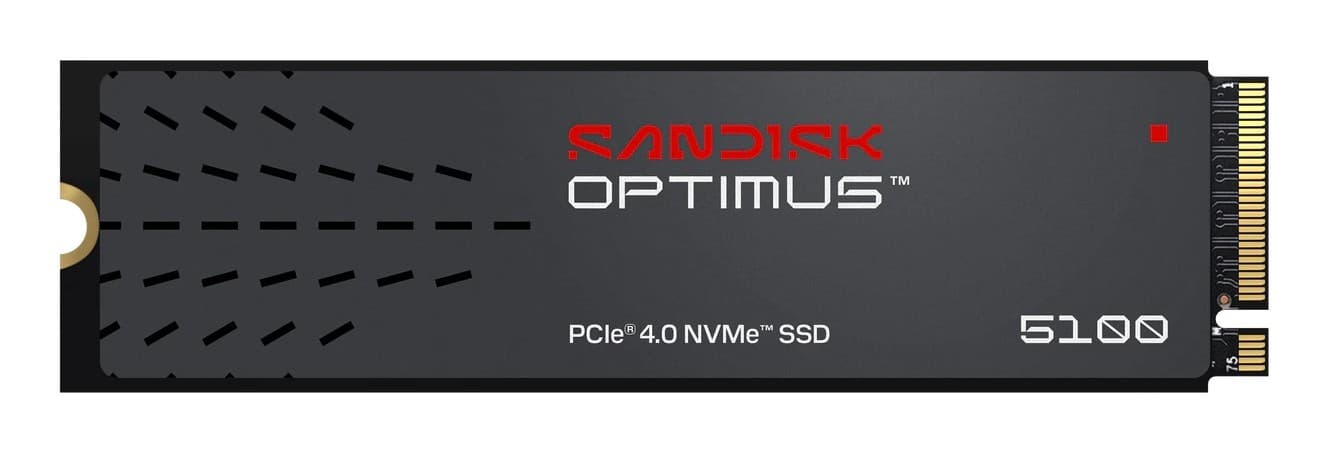Black metal NVMe SSD with a sleek design, featuring the "SANDISK OPTIMUS" logo in red, and marked with "5100" and "PCIe 4.0 NVMe" for high-speed performance.