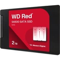 Black and red WD Red SA500 SATA SSD with 2 TB capacity, featuring Western Digital logo and slim 2.5"/7 mm design.