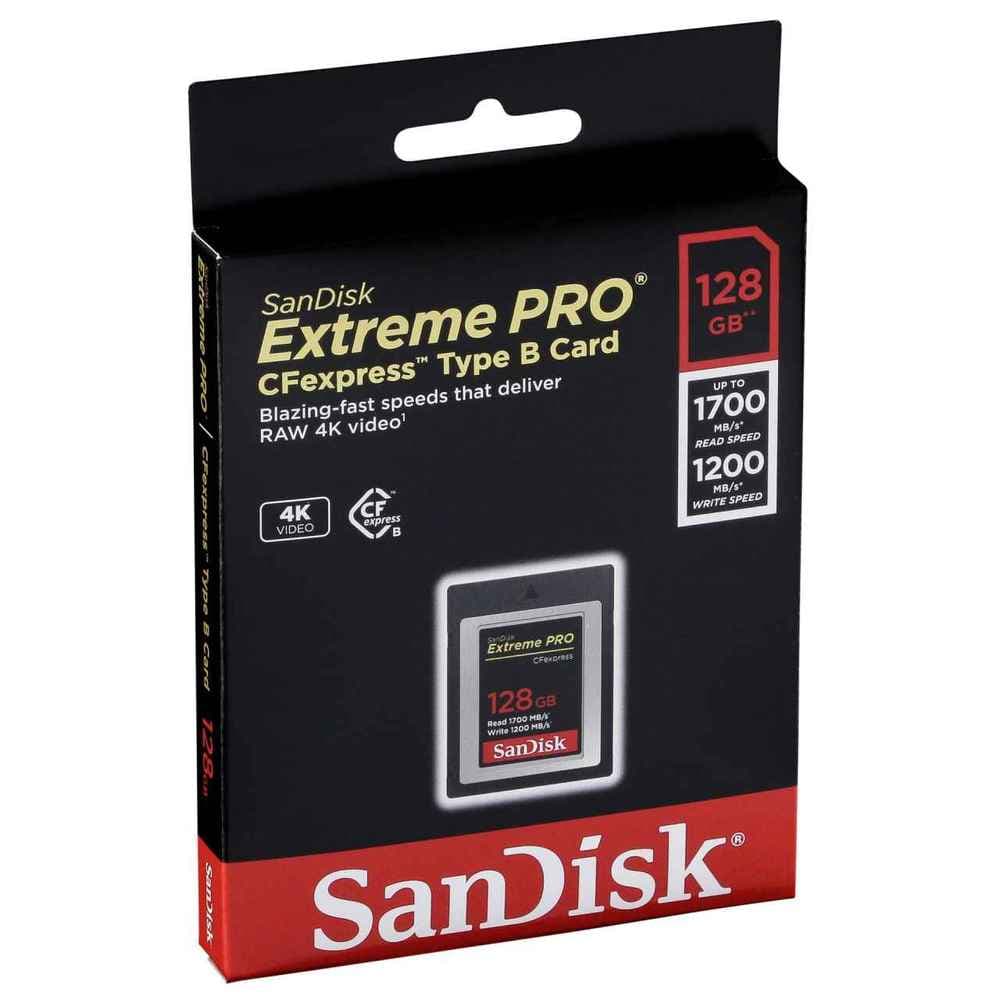 SanDisk Extreme Pro 128GB CFexpress Type B memory card packaging featuring a black and red design with specifications highlighting 1700MB/s read and 1200MB/s write speeds.