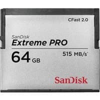 SanDisk Extreme PRO 64GB CFast 2.0 memory card, silver with black edges, 515 MB/s speed.