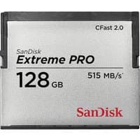 Silver SanDisk Extreme PRO CFast 2.0 memory card, 128 GB, 515 MB/s speed, black and red text on the front.