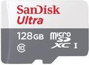 SanDisk Ultra 128GB MicroSDXC memory card featuring a white and gray design with red text, marked with Class 10 for high-speed performance.
