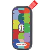 Colorful SanDisk 1TB SSD with USB Type-C, featuring a multicolor abstract design and red loop for easy handling.