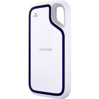 White SanDisk external SSD 2TB with USB-C, sleek design, blue accent, and PlayStation logo.
