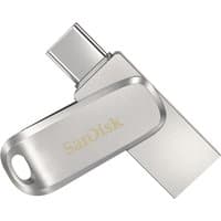 Stainless steel SanDisk Ultra Dual Drive Luxe with USB Type-A and USB Type-C connectors, 256 GB capacity.