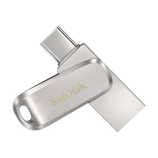 Silver SanDisk Ultra Dual Drive Luxe USB Type-C Flash Drive with a sleek, metallic finish, featuring a USB Type-C connector and a capacity of 512GB.