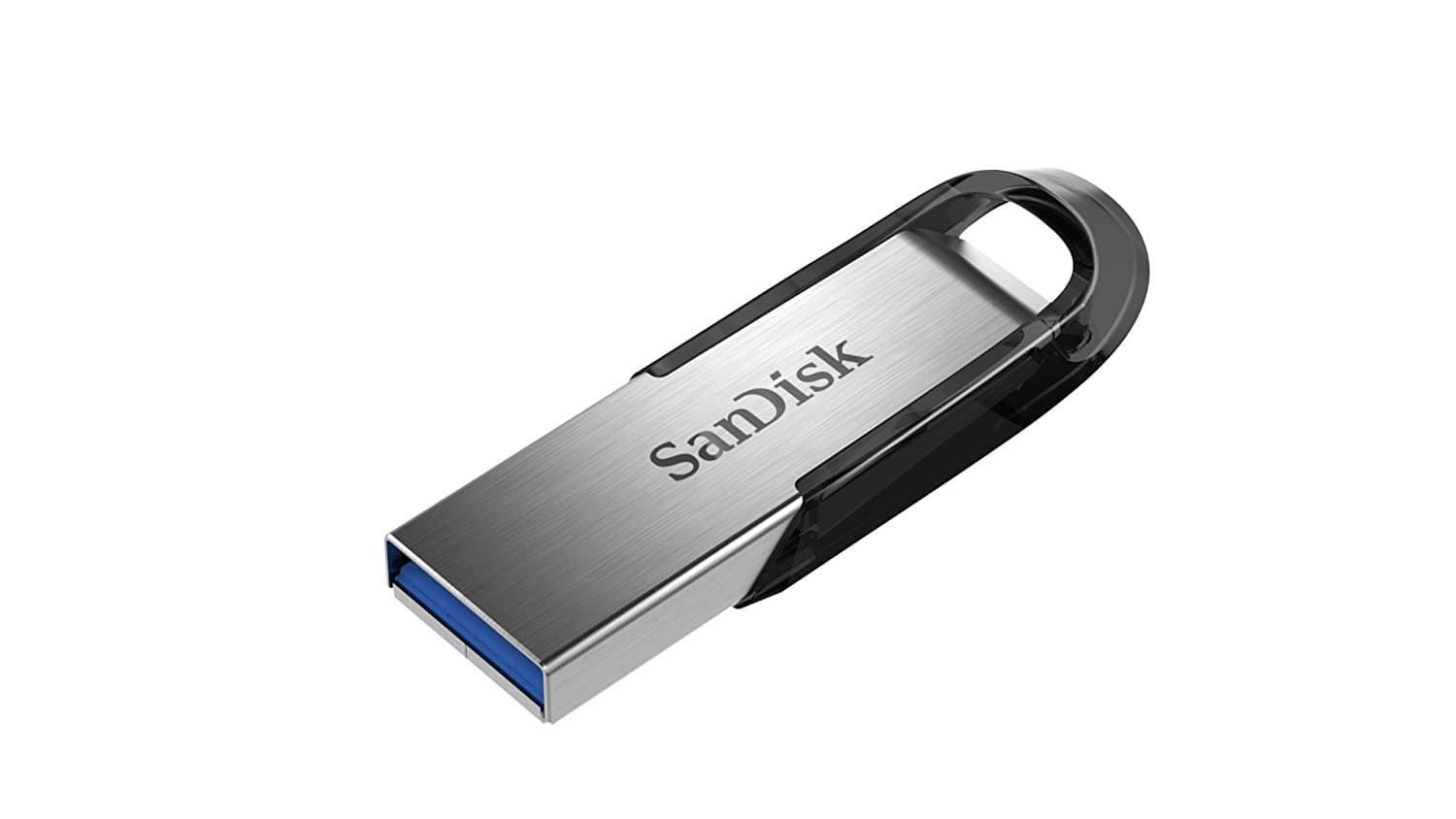 Silver metal USB flash drive with a sleek design, featuring a black plastic cap and blue USB 3.0 connector, labeled with "SanDisk" on the side.