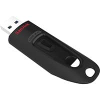 Black SanDisk Ultra USB flash drive, 128 GB, USB Type-A 3.2 Gen 1, with red logo and keyring loop.