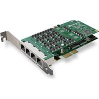 Green SANGOMA AFT card with multiple black capacitors and four Ethernet ports for T1/E1 data streams.