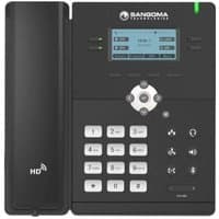 Black SANGOMA s305 IP phone with LCD screen, numeric keypad, navigation buttons, and HD logo on handset.