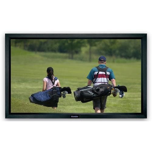 Sapphire AV Acoustically Transparent Fixed Frame Projection Screen featuring a sleek black frame, designed for front projection with a seamless viewing surface.