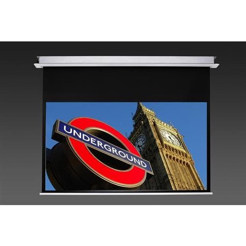Sapphire AV SESC200BWSF-A2 projection screen, 92 inches, 16:9 aspect ratio, featuring a sleek black border and a sturdy silver casing, displaying a vibrant image of Big Ben and the Underground sign.