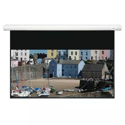 Sapphire AV SEWS300BWSF-A10 projection screen with a white casing, displaying a vibrant coastal scene with colorful buildings and boats, measuring 3.53 meters (139") in 16:10 aspect ratio.