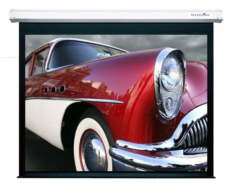 Sapphire AV SEWS400BS projection screen, 5.64 M (222"), features a sleek black frame and a smooth white surface for clear image display, ideal for presentations and home theaters.