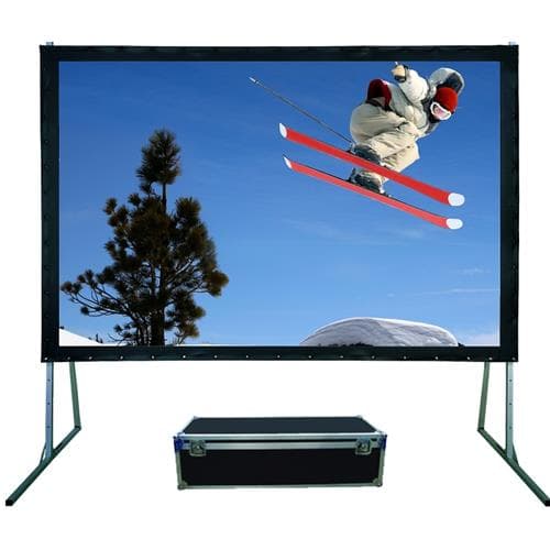 Sapphire AV SFFS305FR projection screen, 150 inches, 4:3 aspect ratio, features a sturdy black frame and a portable case, displaying a vibrant outdoor skiing scene.
