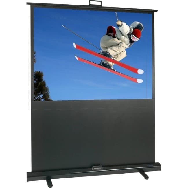 Sapphire AV SFL122P projection screen, 152.4 cm (60"), 4:3 aspect ratio, featuring a black frame and sturdy base, displaying a vibrant image of a skier against a blue sky.