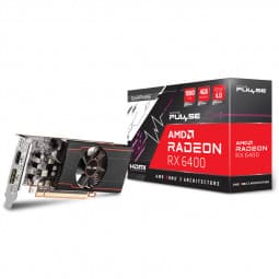 Sapphire PULSE RX 6400 graphics card with a black and silver design, featuring a single cooling fan, HDMI and DisplayPort outputs, and a red accent line on the side.