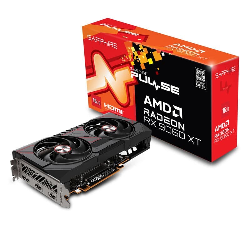 Sapphire Pulse Radeon RX 9060 XT graphics card in black and silver, featuring dual fans, PCI-Express interface, and a red and orange box with branding and specs.