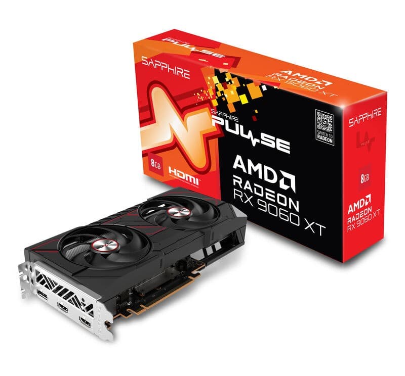 Sapphire Pulse Radeon RX 9060 XT graphics card features a black and silver design with dual fans, alongside a vibrant red and orange box displaying key specifications.