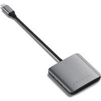 Grey Satechi USB Type-C hub with multiple ports and a sleek, compact design, featuring a short black cable.