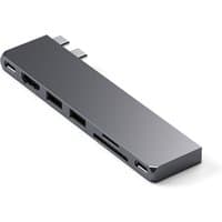 Sleek gray Satechi USB-C laptop dock with multiple ports, including HDMI, USB-A, and SD card slot.