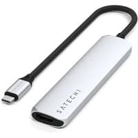 Silver Satechi USB Type-C hub with braided cable and multiple ports, sleek design with logo on top.
