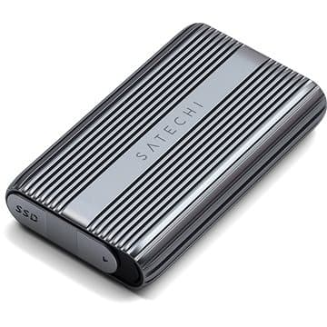 Satechi USB4 NVMe SSD Pro Enclosure in sleek silver aluminum with ribbed texture, featuring a minimalist design and the brand name "Satechi" embossed on the surface.