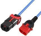 Blue PVC cable featuring a C14 connector with a black and red design on one end and a C13 connector in matching colors on the other end, both with locking mechanisms.