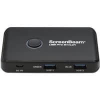 Black ScreenBeam USB Pro Switch with two USB ports, labeled green and blue, and a central button.