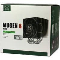 Scythe Mugen 6 CPU cooler, black 12 cm fan, silver heat pipes, boxed packaging with product image and logo.