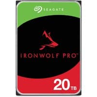 Seagate IronWolf Pro 20TB internal hard drive, black and red label with wolf logo, green top border, 7200 RPM.