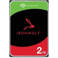 Seagate IronWolf 2TB internal hard drive with red and green label, black center, and 5400 RPM speed.