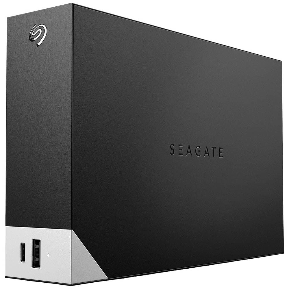 Black Seagate One Touch Desktop Drive with Hub, featuring a sleek design, USB ports, and a prominent Seagate logo, offering 10TB of storage capacity.