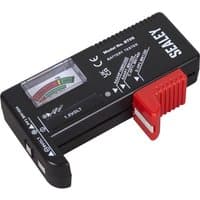 Black Sealey BT05 battery tester with red slider, analog display, and labeled ports for various battery types.