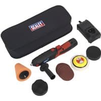 Sealey CP2812V cordless mini disc polisher, red and black, with 75mm pad, accessories, and black carrying case.