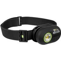 Black Sealey LED head torch with adjustable strap, sensor function, and green accents around the light lens.