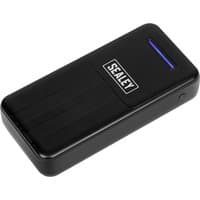 Black Sealey SPB102 portable powerbank with LED indicator and Sealey logo on top surface.