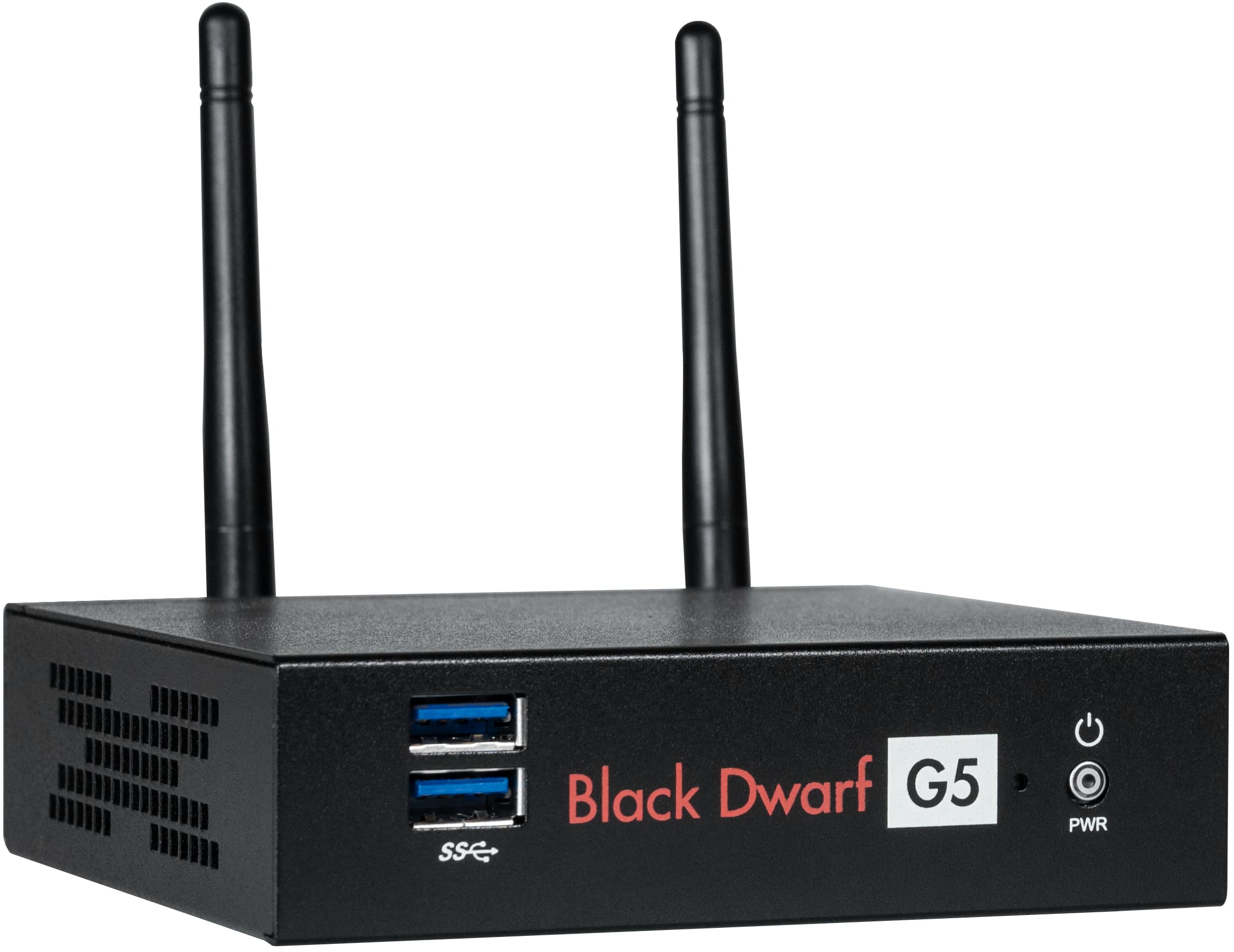 Compact black desktop hardware firewall with two antennas, featuring two USB ports, a power button, and labeled "Black Dwarf G5" for secure VPN service.