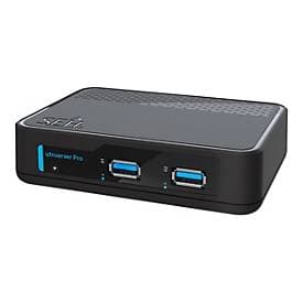 Black SEH Utnserver Pro Print Server with Ethernet LAN, featuring two USB 3.0 ports and a textured top surface for enhanced grip and ventilation.